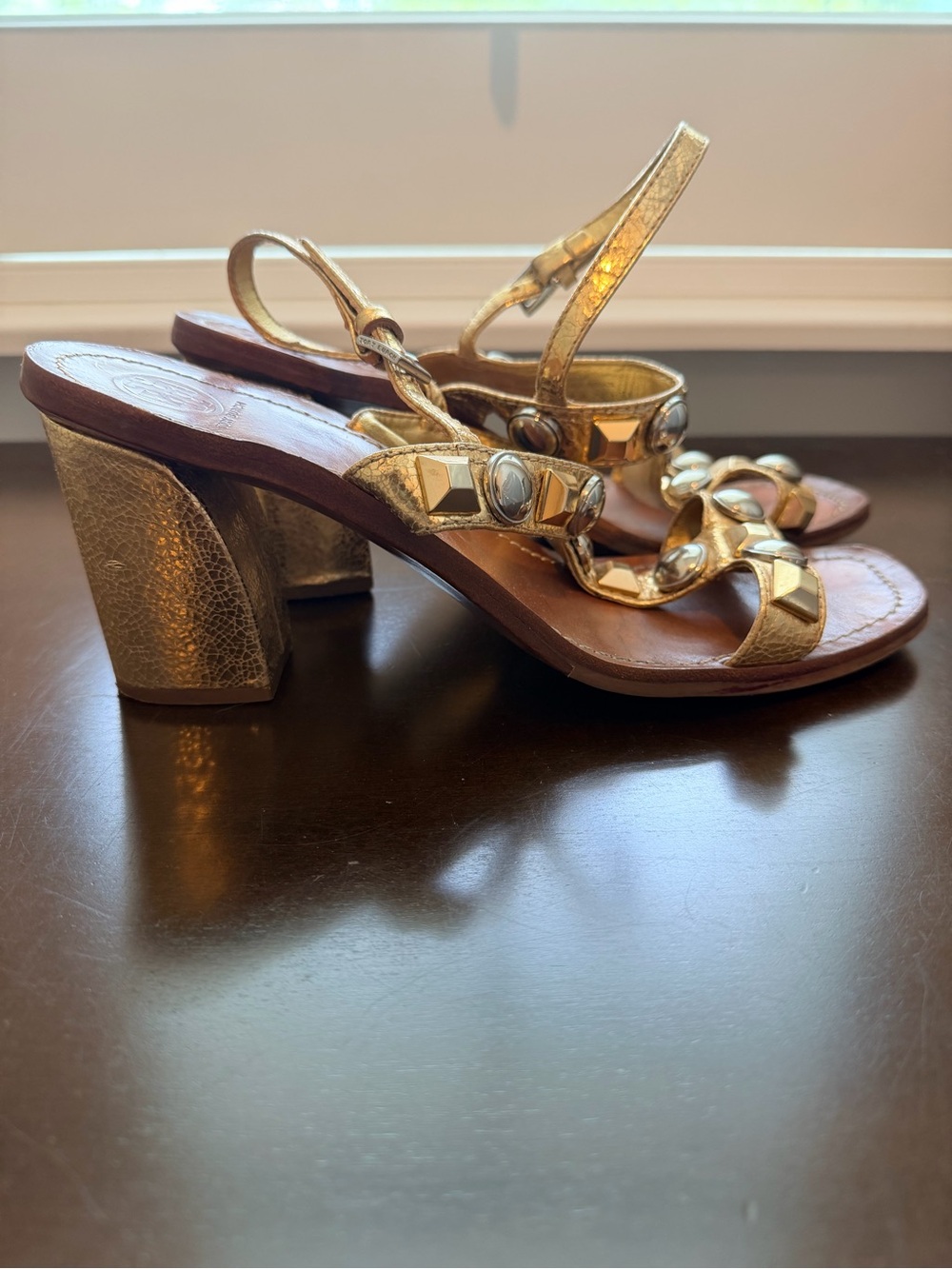 Tory Burch Gold Leather Studded T-Strap Slingback Sandals - Picture 5 of 8